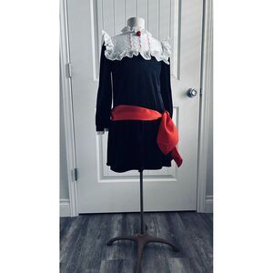 Vintage Black‎ Velvet With White Eyelet Lace Collar Drop Waist Dress Girl Size 8